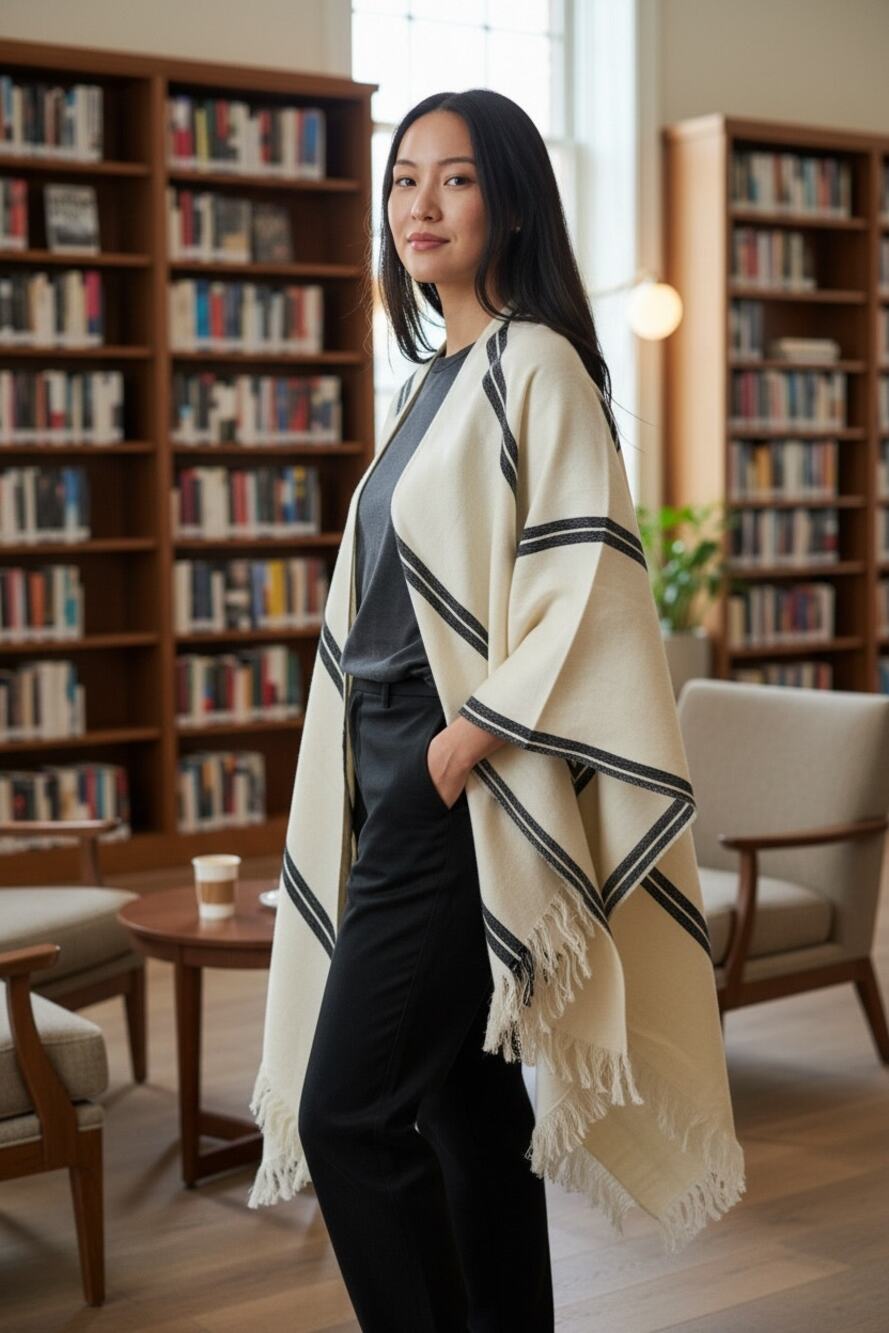 Eileen Fisher Organic Cotton Poncho Wrap Cream Blue Double Stripe